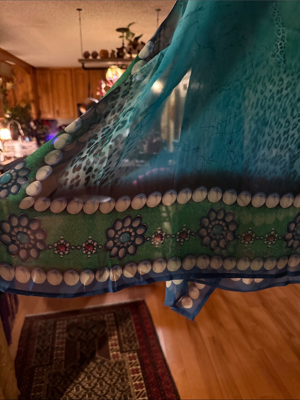 Vibrant Blue Green Sheer Embellished Kaftan - Picture 3 of 4